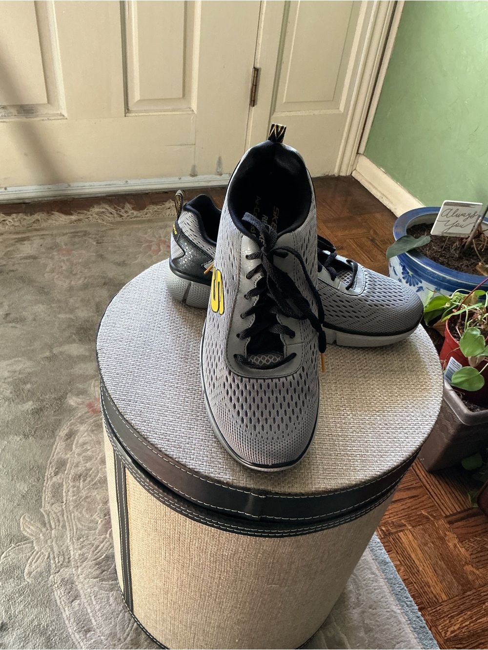 Skechers Women’s Gray and Black Athletic Lace-Up Sneakers with Yellow Accent